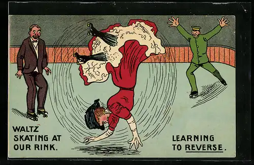 Künstler-AK Dame stürzt beim Rollschuh laufen