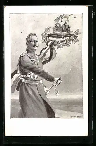 Künstler-AK Kaiser Wilhelm II. verteidigt seine Krone
