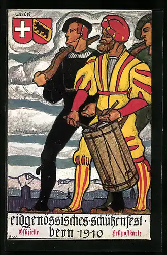 Künstler-AK Bern, Eidgenössisches Schützenfest 1910, marschierende Jäger, Wappen