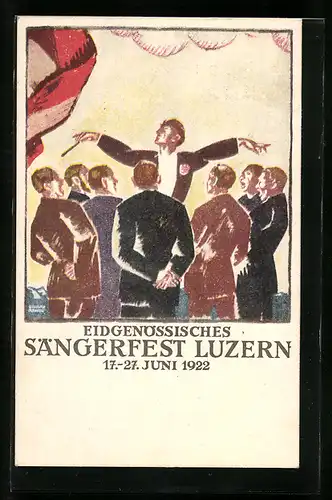 Künstler-AK Luzern, 23. Eidgenössisches Sängerfest 1922, Dirigent mit Sängern