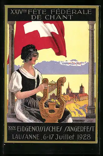 Künstler-AK Lausanne, XXIV. Eidgen. Sängerfest 1928, Dame mit Harfe und schweizer Fahne