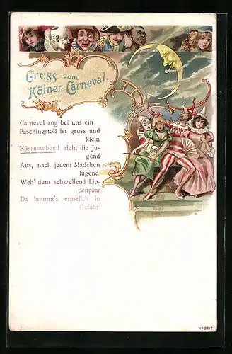 Lithographie Köln, Kölner Carneval, Kostümierte bei Mondschein, Fasching