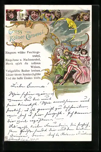 Lithographie Köln, Kölner Carneval, Kostümierte bei Mondschein, Fasching