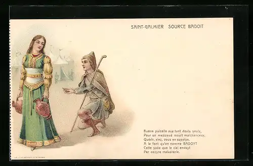 AK Saint-Galmier, Reklame für Source Badoit, Bettler kniet vor einer Dame