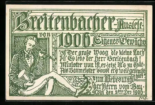 Künstler-AK Breitenbach, Breitenbacher Auslese von 1906, Mann mit Fernrohr, Reklame für Wein