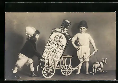AK Reklame für Sirolin von Hoffmann-La-Roche, Kinder mit Bollerwagen
