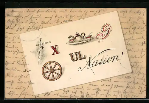 Lithographie Rebus mit Teekanne, Buchstaben und Rad