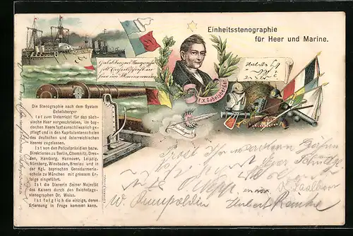 Lithographie Einheitsstenographie für Heer und Marine, Kriegsschiffe auf hoher See