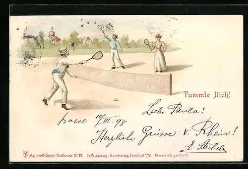 Lithographie Herren und Dame beim Tennis spielen