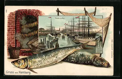 Passepartout-Lithographie Hamburg, Niederhafen, Zwei Fische