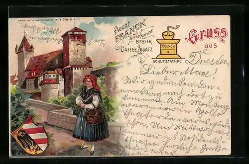 AK Nürnberg, Blick zur Burg, Frau in Tracht