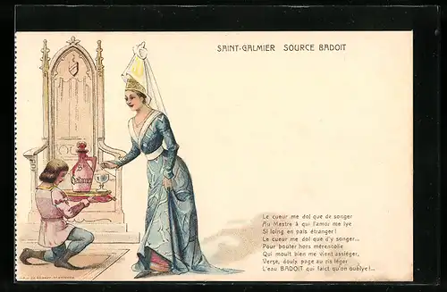 Lithographie Reklame für Mineralwasser Saint-Galmier Sourde Badoit, Diener kniet vor einem adligen Fräulein