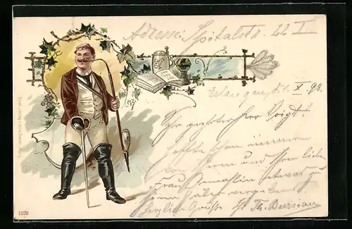 Lithographie Student mit Pfeife und Degen