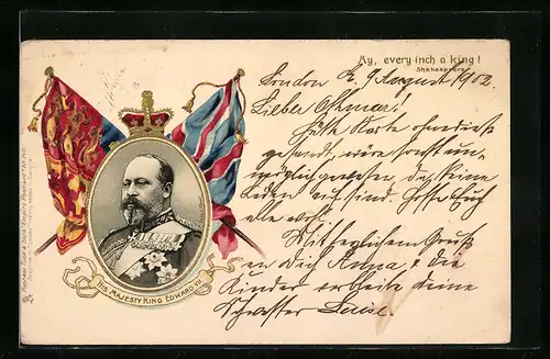 Lithographie His Majesty Kind Edward VII, Krone und Flaggen