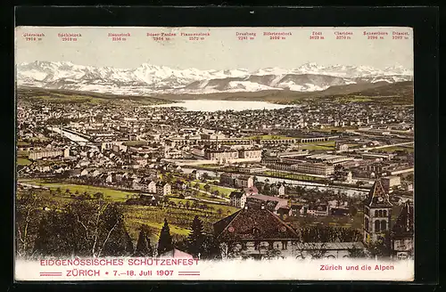 AK Zürich, Eidgenössisches Schützenfest 1907, Ortsansicht und die Alpen, Schützenverein