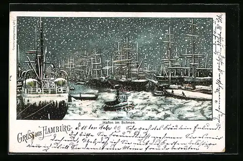 Lithographie Hamburg, Hafen im Schnee