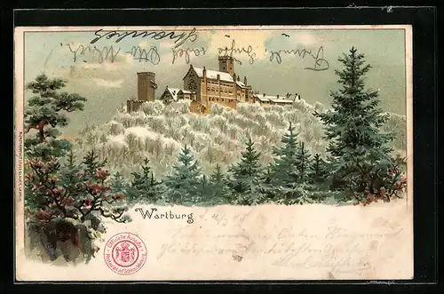 Winter-Lithographie Wartburg mit Wald