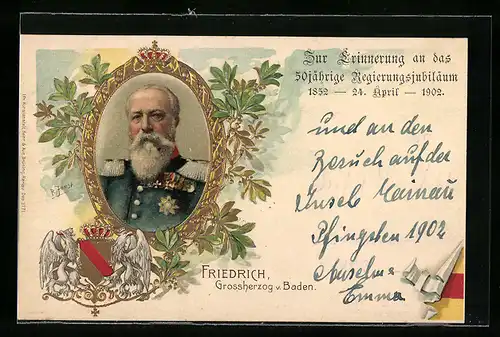 Lithographie Grossherzog Friedrich von Baden, Wappen und Goldrahmen