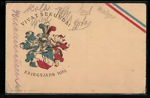 Künstler-AK Studentenwappen, Vivat Sekunda!, Kriegsjahr 1916