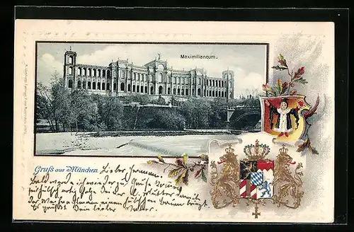 Passepartout-Lithographie München, Maximilianeum mit Wappen