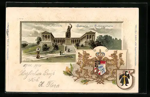 Passepartout-Lithographie München, Bavarie mit Ruhmeshalle und Wappen