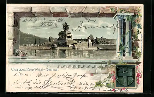 Lithographie Koblenz, Kaiser Wilhelm-Denkmal am Rhein