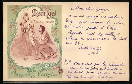 Künstler-AK Reklame für Madrigal-Kekse, Mann hält einer eleganten Dame die Hand