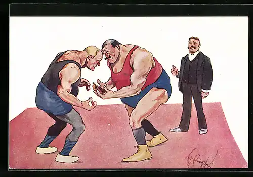 Künstler-AK Fritz Schönpflug: Massige Ringer mit angestrengten Blicken