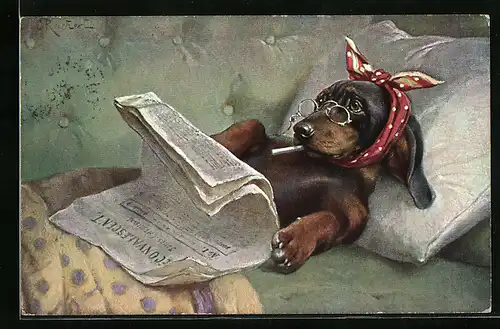 Künstler-AK Carl Reichert: Kranker Dackel im Bett liest die Zeitung