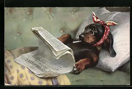 Künstler-AK Carl Reichert: Dackel liegt krank im Bett
