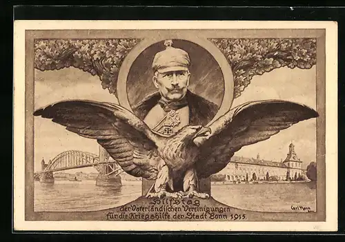 Künstler-AK Bonn, Hilfstag der Vaterländischen Vereinigungen 1915, Kaiser Wilhelm II., Brücke, Ortspartie