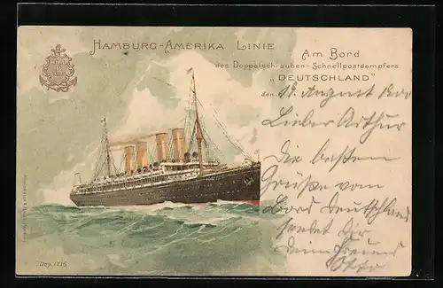 Lithographie Doppelschrauben-Schnellbootdampfer Deutschland der Hamburg-Amerika Linie