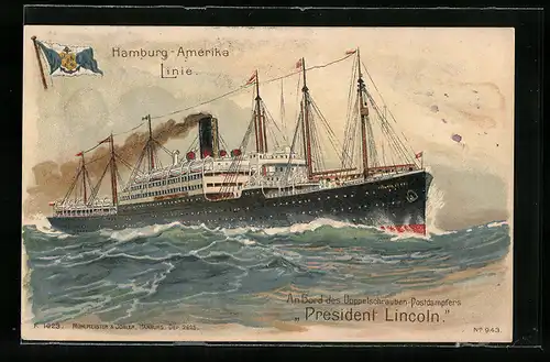 Künstler-AK Passagierschiff der Hamburg-Amerika-Linie, der Postdampfer President Lincoln in stürmischer See