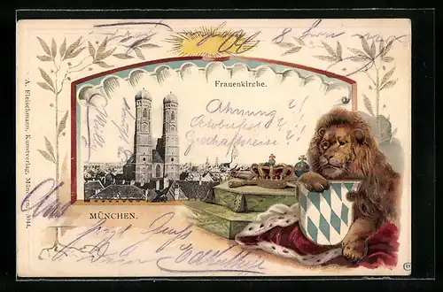 Passepartout-Lithographie München, Frauenkirche, Löwe mit Wappen