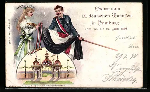 Lithographie Hamburg, IX. Deutsches Turnfest 1898, Eingang, Turner mit Fahne und Frau