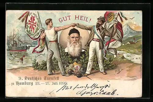 Lithographie Hamburg, Männer Turnverein, 7. Stiftungsfest, Turnfest, Portrait Turnvater Jahn