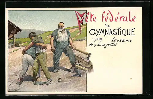 Lithographie Lausanne, Fête fédérale de Gymnastique 1909, Vater wohnt seinen ringenden Söhnen bei