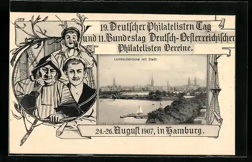 AK Hamburg-Neustadt, XIX. Deutscher Philatelisten Tag 1907, Lombardsbrücke mit Stadt