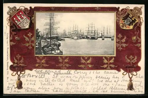 Passepartout-Lithographie Hamburg, Blick in den Segelschiffhafen, Wappen