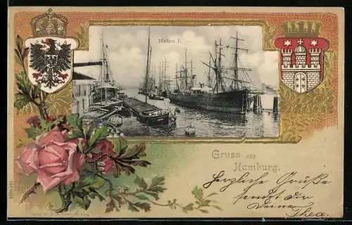 Passepartout-Lithographie Hamburg, Hafen, Wappen, Reichsadler, Rose