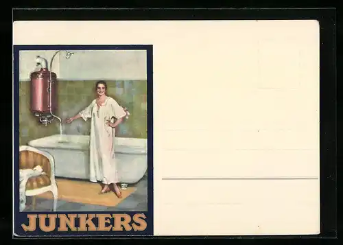 AK Reklame für Junkers Ofen, Junge Dame lässt sich ein Bad einlaufen