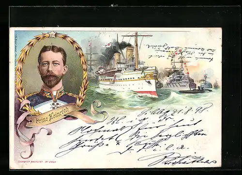 Lithographie Prinz Heinrich von Preussen in Uniform im Porträt, Kriegsschiffe in voller Fahrt