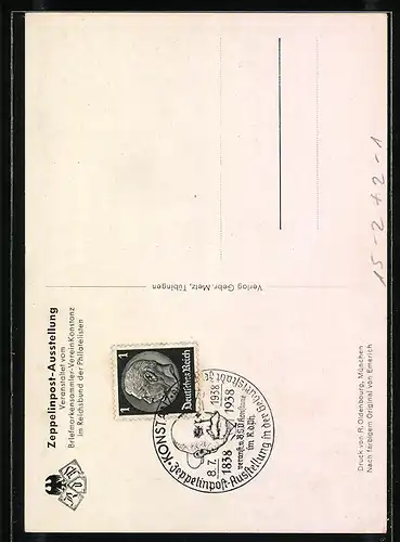 AK Konstanz, Zeppelinpost-Ausstellung 1938, Portrait Graf Zeppelin in Paradeuniform mit Epauletten