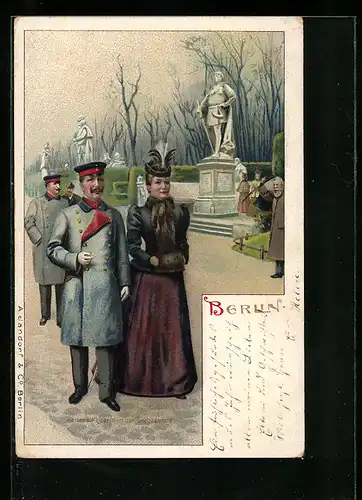 Lithographie Berlin, Kaiser Wilhelm II. mit Gemahlin bei einem Spaziergang im Tiergarten