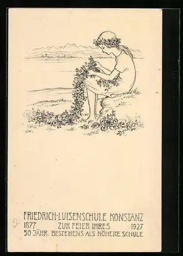 AK Konstanz / Bodensee, 50jähriges Jubiläum der Friedrich-Luisenschule 1927, Mädchen bastelt einen Blumenkranz