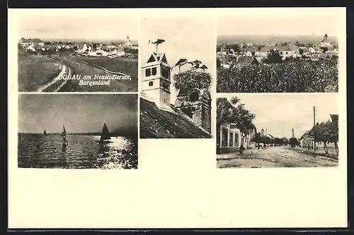 AK Oggau am Neusiedlersee, Ortsansicht, Wasserpartie mit Segelbooten, Strassenpartie, Storchennest auf Schornstein
