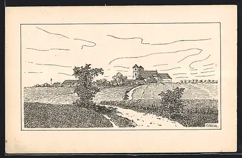 Künstler-AK Loretto, Ortsansicht mit Wallfahrtskirche