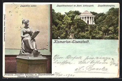 AK Eisenstadt, Leopoldinentempel im fürstl. Schlosspark, Statue von Leopoldine Esterházy, Prinzessin