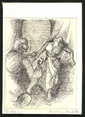Handzeichnung / Ansichtskarten-Entwurf Szene aus den Nibelungen, Vers 676