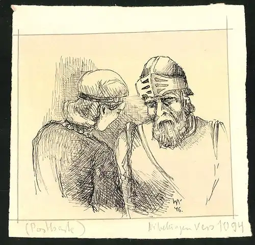 Handzeichnung / Ansichtskarten-Entwurf Szene aus den Nibelungen, Vers 1094